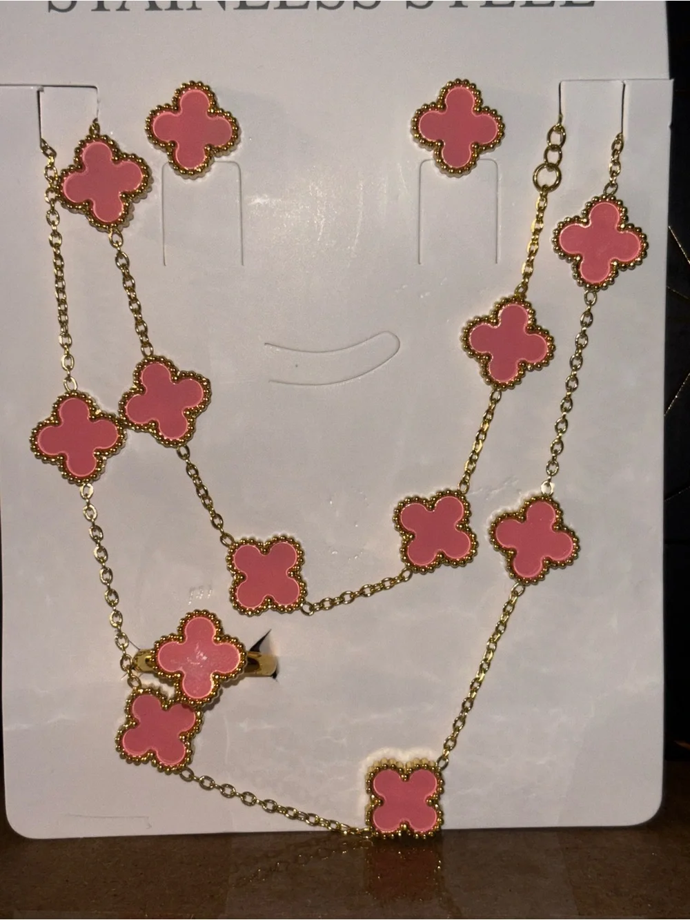 Brand New 4 piece Set Pink Clover Necklace, Bracelet, Ring & Stud Earrings Set
